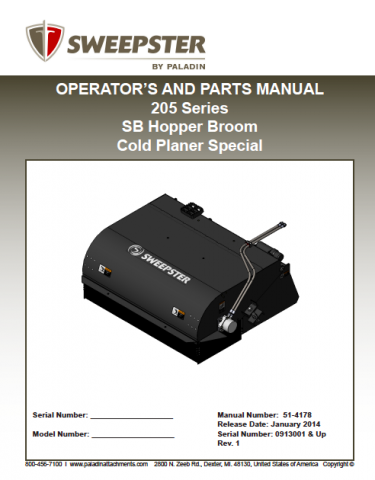 SB Hopper Broom 205 Series SN0913001 & Up