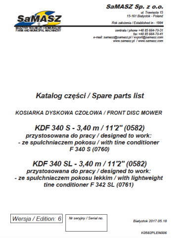 KDF 340 S/SL Front Disc Mower Parts Manual