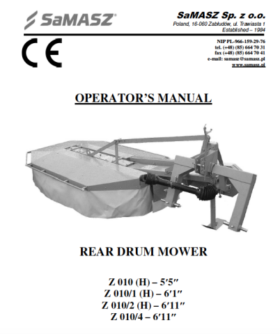 SaMASZ Z010 Drum Mower Operator Manual